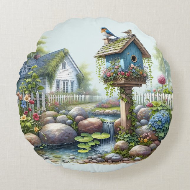 Stugidyll Birdhouse Trädgård Akvarell Rund Kudde (Framsidan)