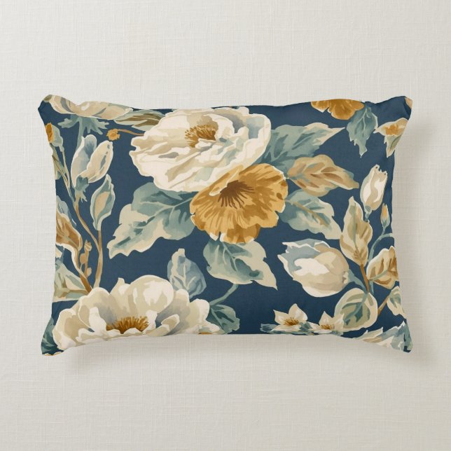 Stugidyll Blue Mustard Gul Kräm Blommig Tryck Prydnadskudde (Framsidan)