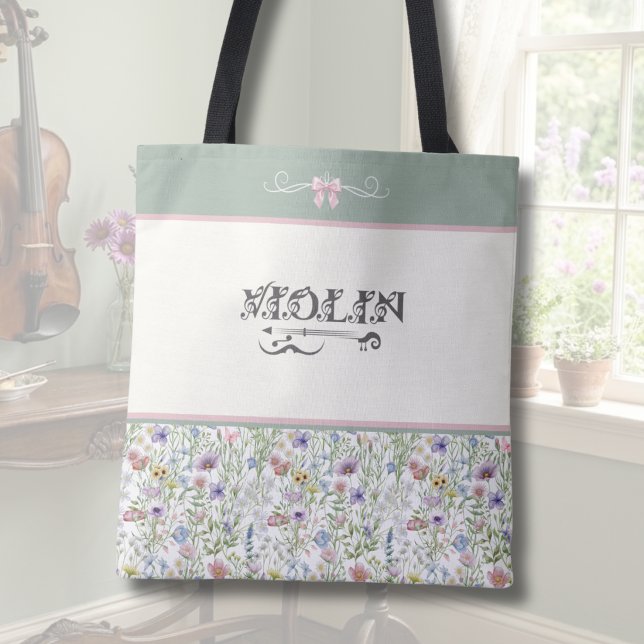 Stugidyll Floral Fiol Sälggrön Musiker Tygkasse (Personalized Violin Tote Bag | Enchanted Meadow Pink Floral Aesthetic | Custom Gift)