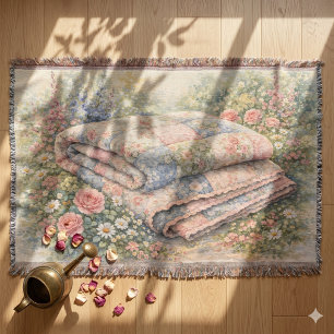 Stugidyll Floral Lappteknik Quilt Vattenfärg Filt