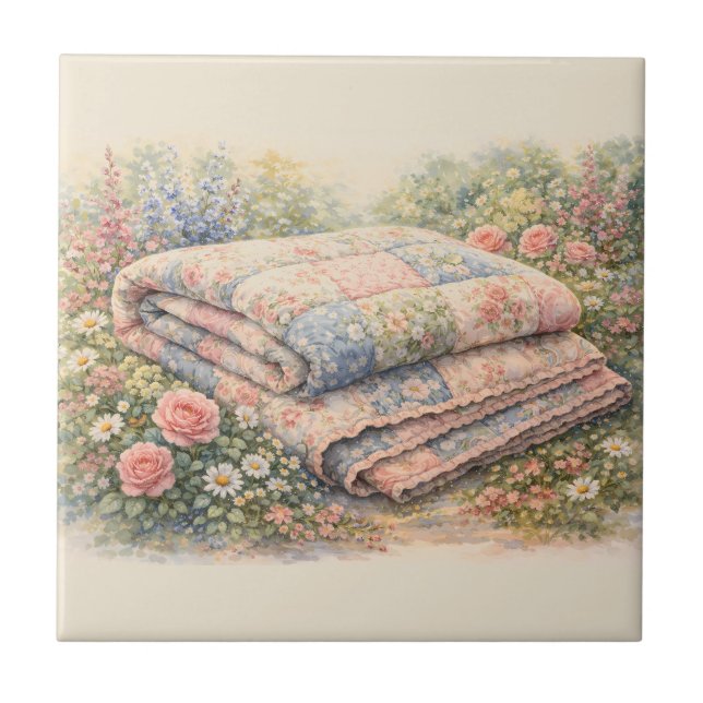 Stugidyll Floral Lappteknik Quilt Vattenfärg Kakelplatta (Framsidan)
