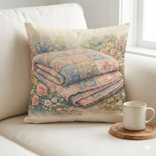 Stugidyll Floral Lappteknik Quilt Vattenfärg Kudde
