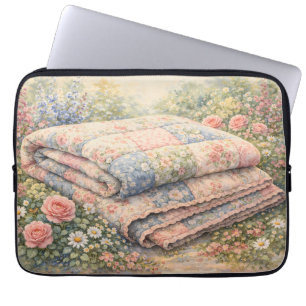 Stugidyll Floral Lappteknik Quilt Vattenfärg Laptop Fodral