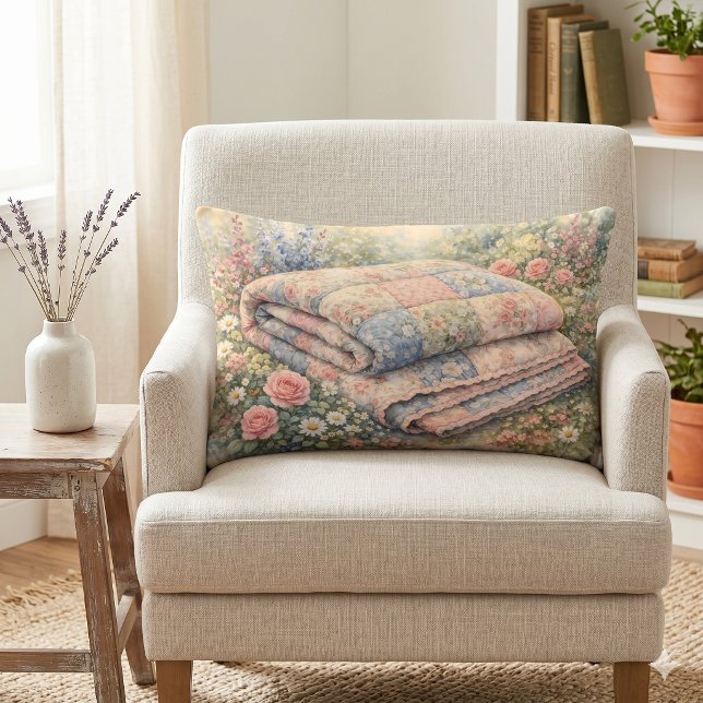 Stugidyll Floral Lappteknik Quilt Vattenfärg Lumbarkudde (Cottagecore Floral Patchwork Quilt Watercolor Lumbar Pillow)
