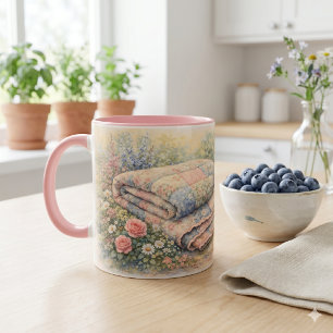 Stugidyll Floral Lappteknik Quilt Vattenfärg Mugg