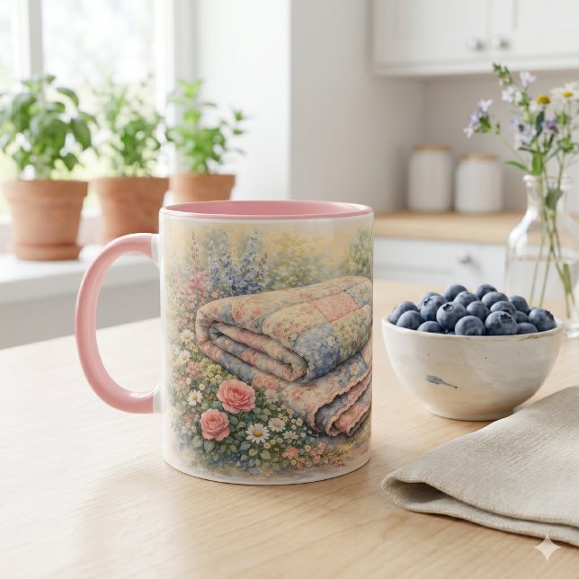 Stugidyll Floral Lappteknik Quilt Vattenfärg Mugg (Cottagecore Floral Patchwork Quilt Watercolor Mug)