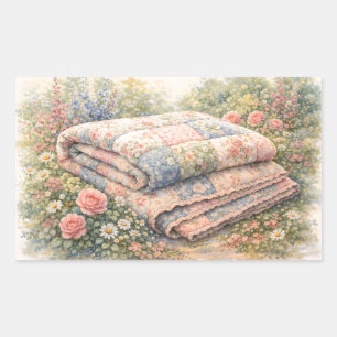 Stugidyll Floral Lappteknik Quilt Vattenfärg Rektangulärt Klistermärke