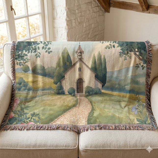 Stugidyll Kyrkogårdsväg Pastell Landskap Filt (Cottagecore Chapel Path Pastel Landscape Throw Blanket)