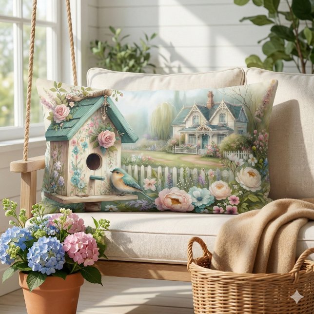 Stugidyll med blomsterträdgård lumbarkudde (Cottagecore Birdhouse with Floral Garden Lumbar Pillow Mockup A)