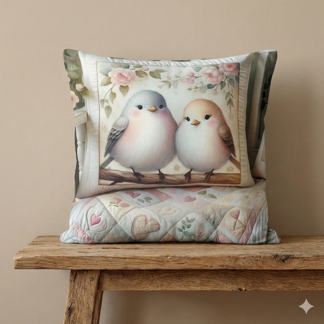 Stugidyll Sångfågel Blommig Täcke Scen Kudde (Cottagecore Lovebird Floral Quilt Scene Throw Pillow Mockup A)