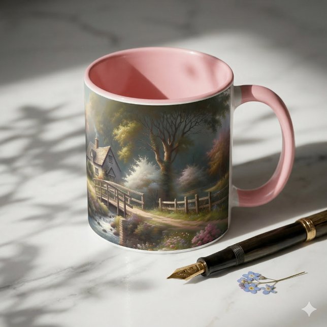 Stugidyll Sommarbrygga Stugscen Mugg (Cottagecore Spring Bridge Cottage Scene Mug On Dappled Sunlight Counter)