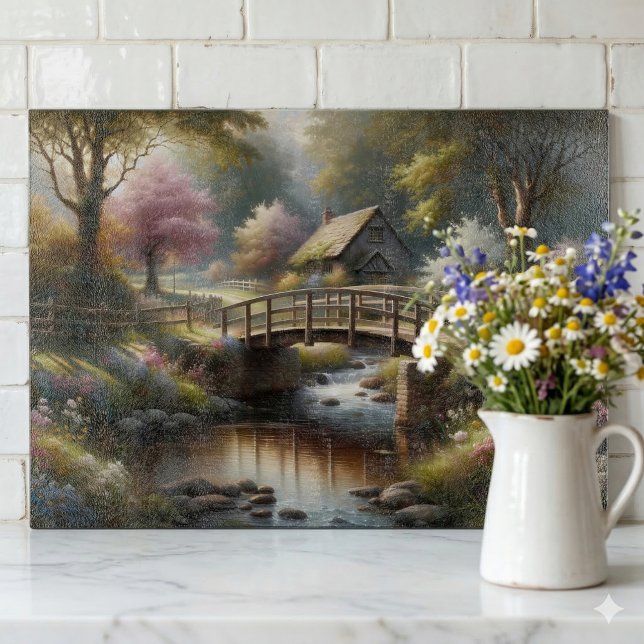 Stugidyll Spring Scen över bron i stugan (Cottagecore Spring Bridge Cottage Scene Cutting Board Against Brick Wall)