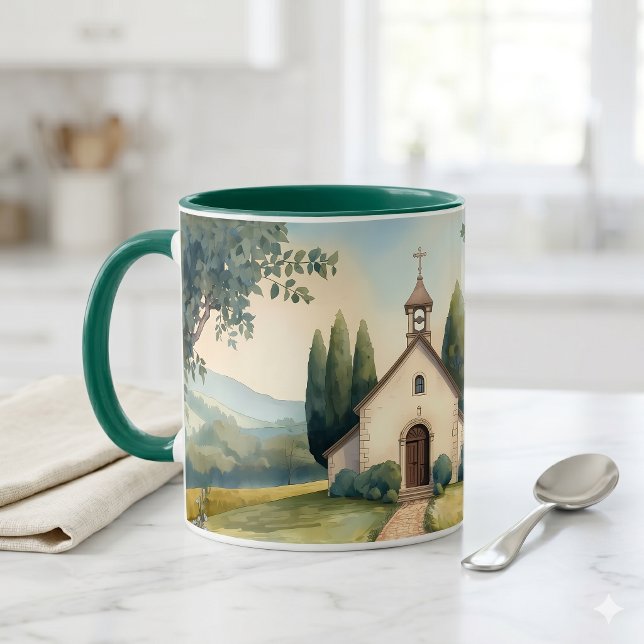 Stugidyll Stallbacke Pastellandskap Mugg (Cottagecore Chapel Path Pastel Landscape Mug)