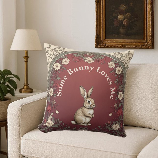 Stugidyllnad Grönska Burgunder Någon Kanin Älskar  Kudde (Cottagecore Greenery Burgundy Some Bunny Loves Me Throw Pillow)