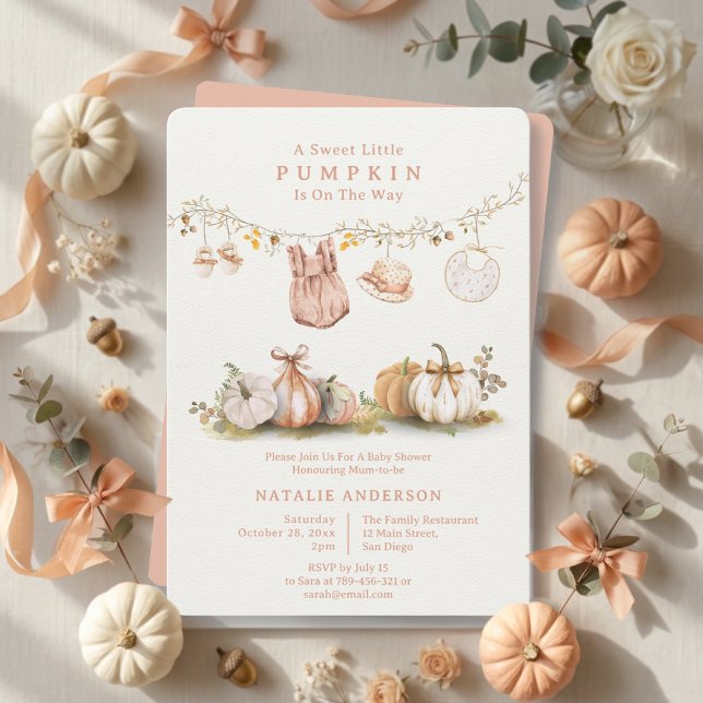 Stugidyllnad Liten Pumpaklädeslinje Bebisdopp Inbjudningar (Cottagecore Little Pumpkin Clothesline Baby Shower Invitation)