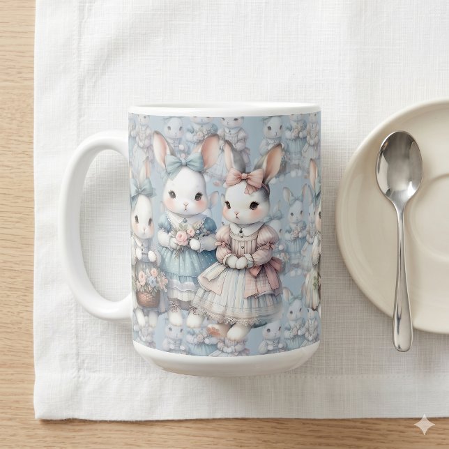 StugkaninSystrar Akvarell Kakelplatta Kaffemugg (Cottage Bunny Sisters Watercolor Tile Coffee Mug)