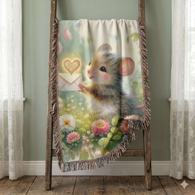 Stugmus älsklingsbrev äng filt (Cottage Mouse Love Letter Meadow Throw Blanket)
