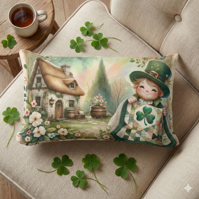 Stugtomte lappkviltsscen lumbarkudde (Cottage Leprechaun Patchwork Quilt Scene Lumbar Pillow Mockup A)