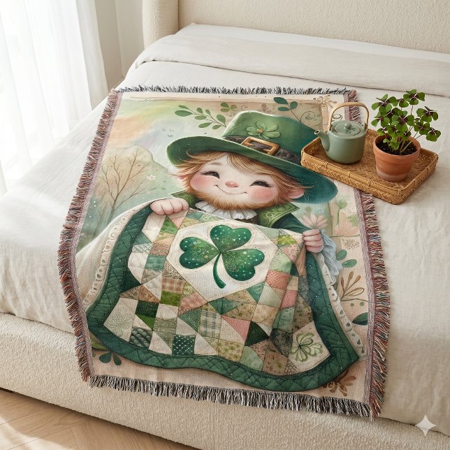 Stugtomte Lapptäcke Scen Filt (Cottage Leprechaun Patchwork Quilt Scene Throw Blanket)