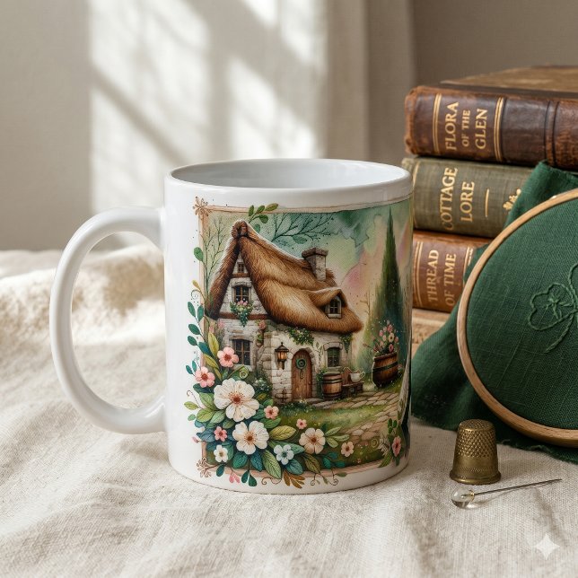 Stugtomte Lapptäcke Scen Kaffemugg (Cottage Leprechaun Patchwork Quilt Scene Coffee Mug)