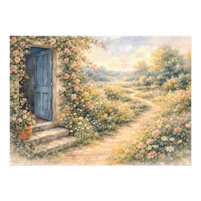 Stugträdgård Blå dörr Blommig stig Scen Fototryck (Framsidan)