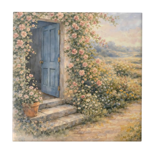 Stugträdgård Blå dörr Blommig stig Scen Kakelplatta (Framsidan)