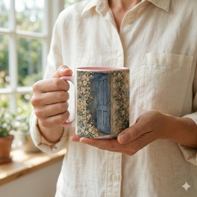 Stugträdgård Blå dörr Blommig stig Scen Mugg (Cottage Garden Blue Door Floral Path Scene Mug)