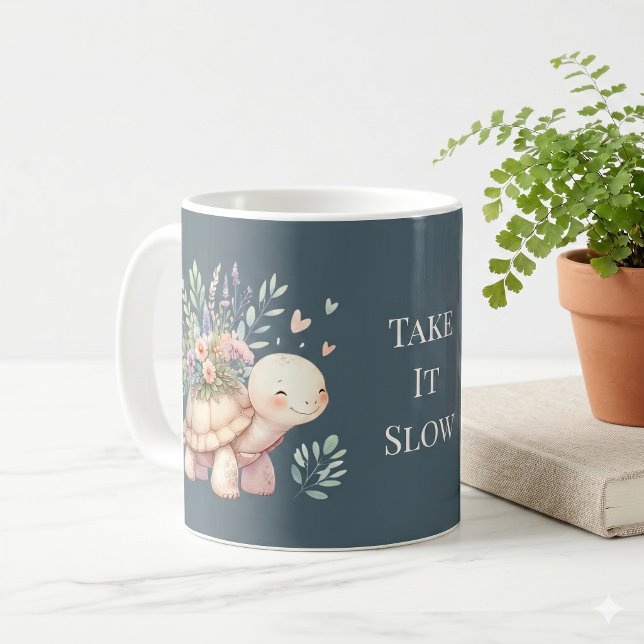 Stugträdgård Sköldpadda Akvarell Blå Kaffemugg (Cottage Garden Turtle Watercolor Blue Coffee Mug)