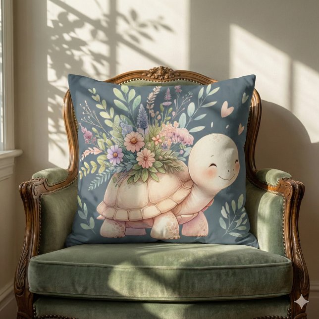 Stugträdgård Sköldpadda Akvarell Kudde (Cottage Garden Turtle Watercolor Throw Pillow Mockup A)
