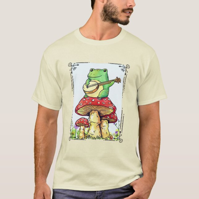 Stugträdgårds groda med svamphus som spelar banjo t shirt (Framsida)