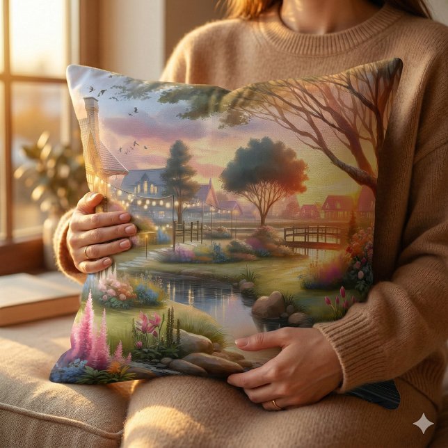 Stugträdgårdsbäck vid solnedgång kudde (Cottage Garden Stream at Sunset Throw Pillow Mockup D)