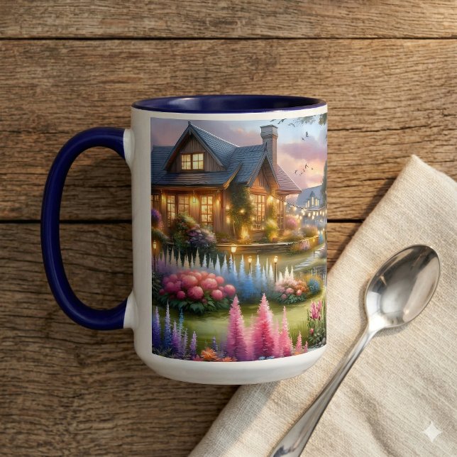 Stugträdgårdsbäck vid solnedgång mugg (Cottage Garden Stream at Sunset Mug)