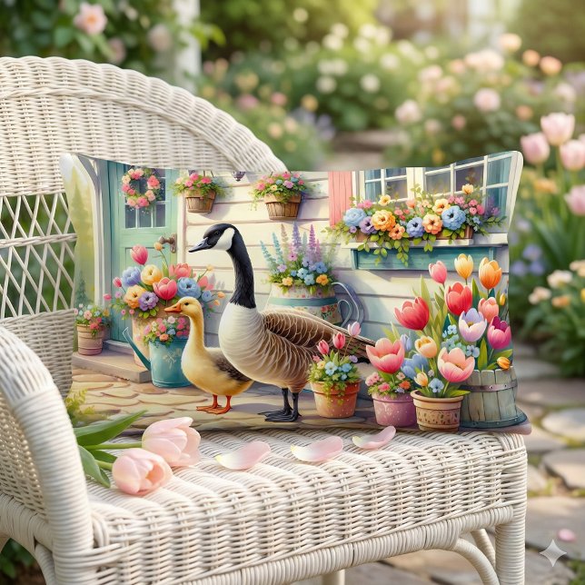 Stugträdgårdsgäss Vårillustration Lumbarkudde (Cottage Garden Geese Spring Illustration Lumbar Pillow Mockup A)