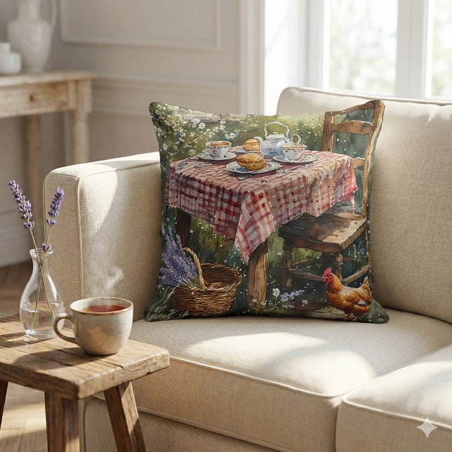 Stugträdgårdste-morgon i akvarell kudde (Cottage Garden Tea Morning Watercolor Throw Pillow Mockup 2)