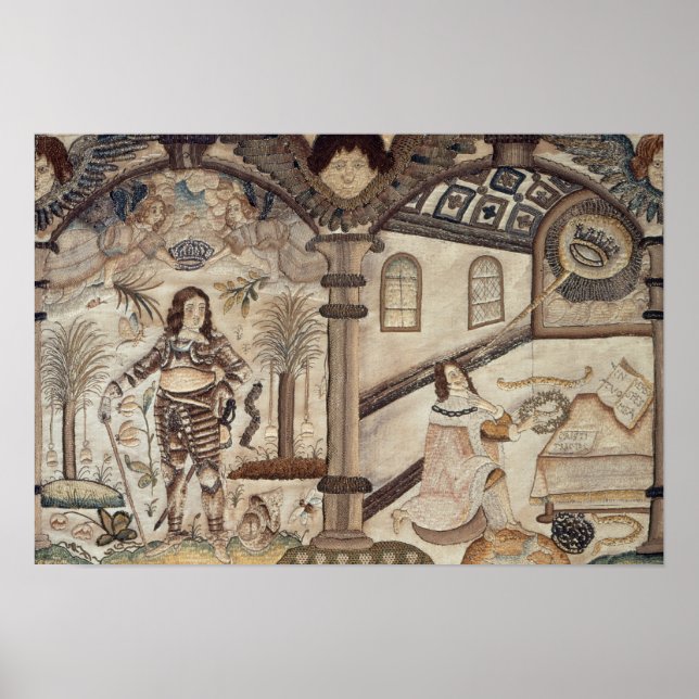 Stumpwork som skildrar Charles I och Charles II Poster (Framsidan)