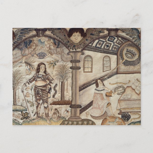 Stumpwork som skildrar Charles I och Charles II Vykort (Framsida)