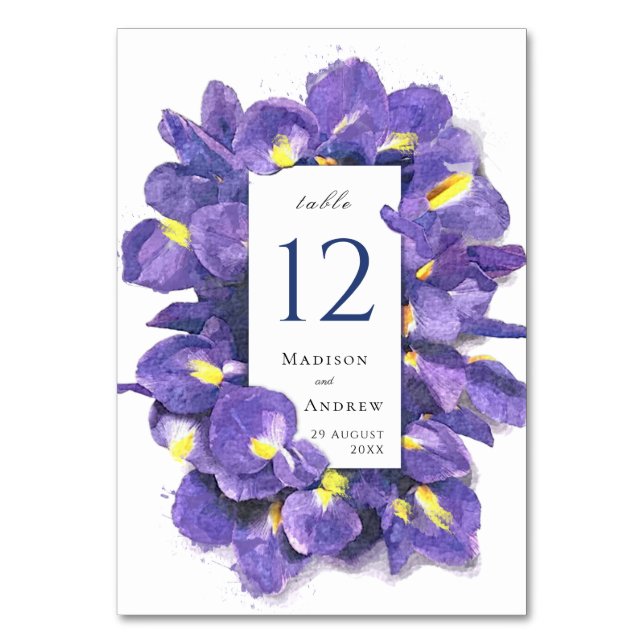 Stunkande Lila Irises Watercolor Blommigt Bröllop Bordsnummer (Framsidan)