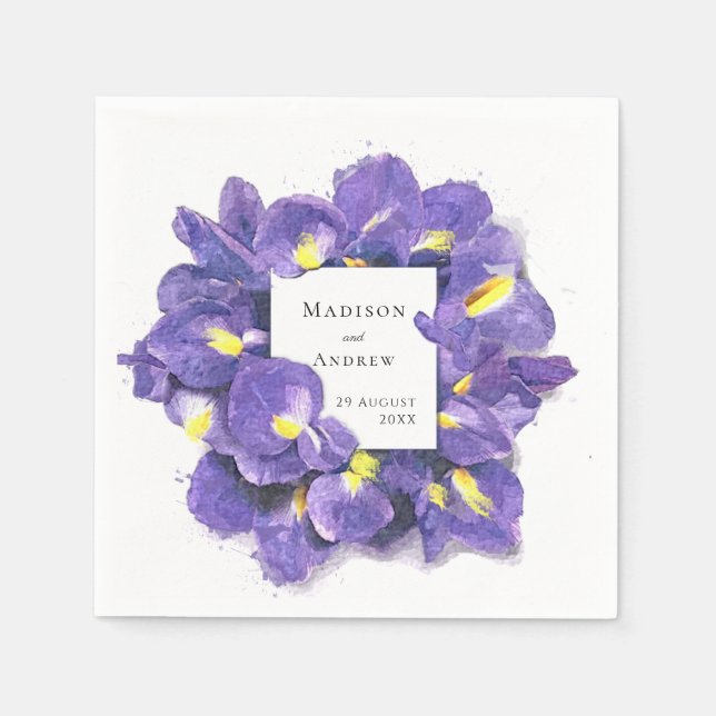 Stunkande Lila Irises Watercolor Blommigt Bröllop Pappersservett (Framsidan)