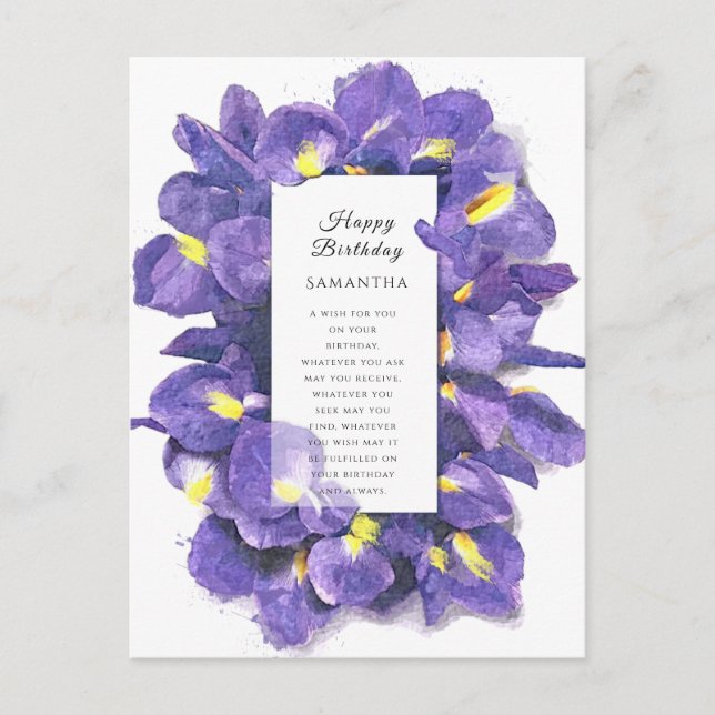 Stunnande Lila Irises Watercolor Blommigt Birthday Vykort (Framsida)