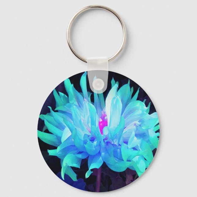Stunning Aqua Blue och Grönt Cactus Dahlia Nyckelring (Framsida)