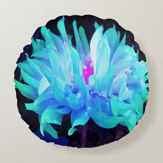 Stunning Aqua Blue och Grönt Cactus Dahlia Rund Kudde (Framsidan)