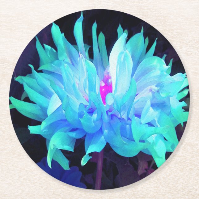 Stunning Aqua Blue och Grönt Cactus Dahlia Underlägg Papper Rund (Framsidan)