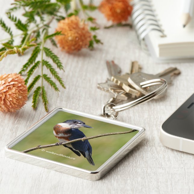 Stunning Belted Kingfisher Bird on a Limb Fyrkantig Silverfärgad Nyckelring (Sidan)