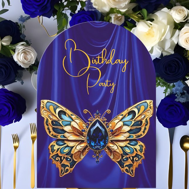Stunning Birthday Blue Guld Jewel Butterfly Inbjudningar (Skapare uppladdad)