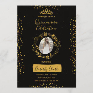 Stunning Black and Gold Watercolor Quinceañera Inbjudningar