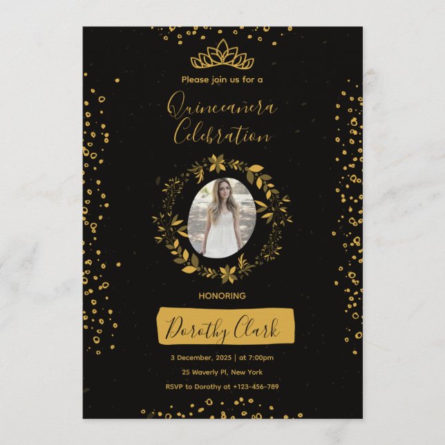 Stunning Black and Gold Watercolor Quinceañera Inbjudningar (Framsida)