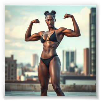 Stunning Black Fitness Model Flexing Muscles Fototryck