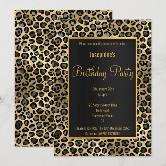 STUNNING BLACK & GULD 2 LEOPARD BIRTHDAY INBJUDNINGAR (Fram/baksida)