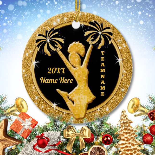 Stunning Black Guld Anpassningsbar Cheerwriter Orn Julgransprydnad Keramik (Personalized Cheerleader Ornaments. Cheap Cheer gifts for squad. Great, Cheerleading party favors. )