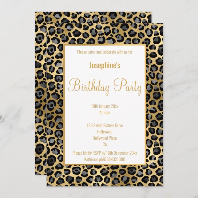STUNNING BLACK & GULD LEOPARD BIRTHDAY INBJUDNINGAR (Fram/baksida)